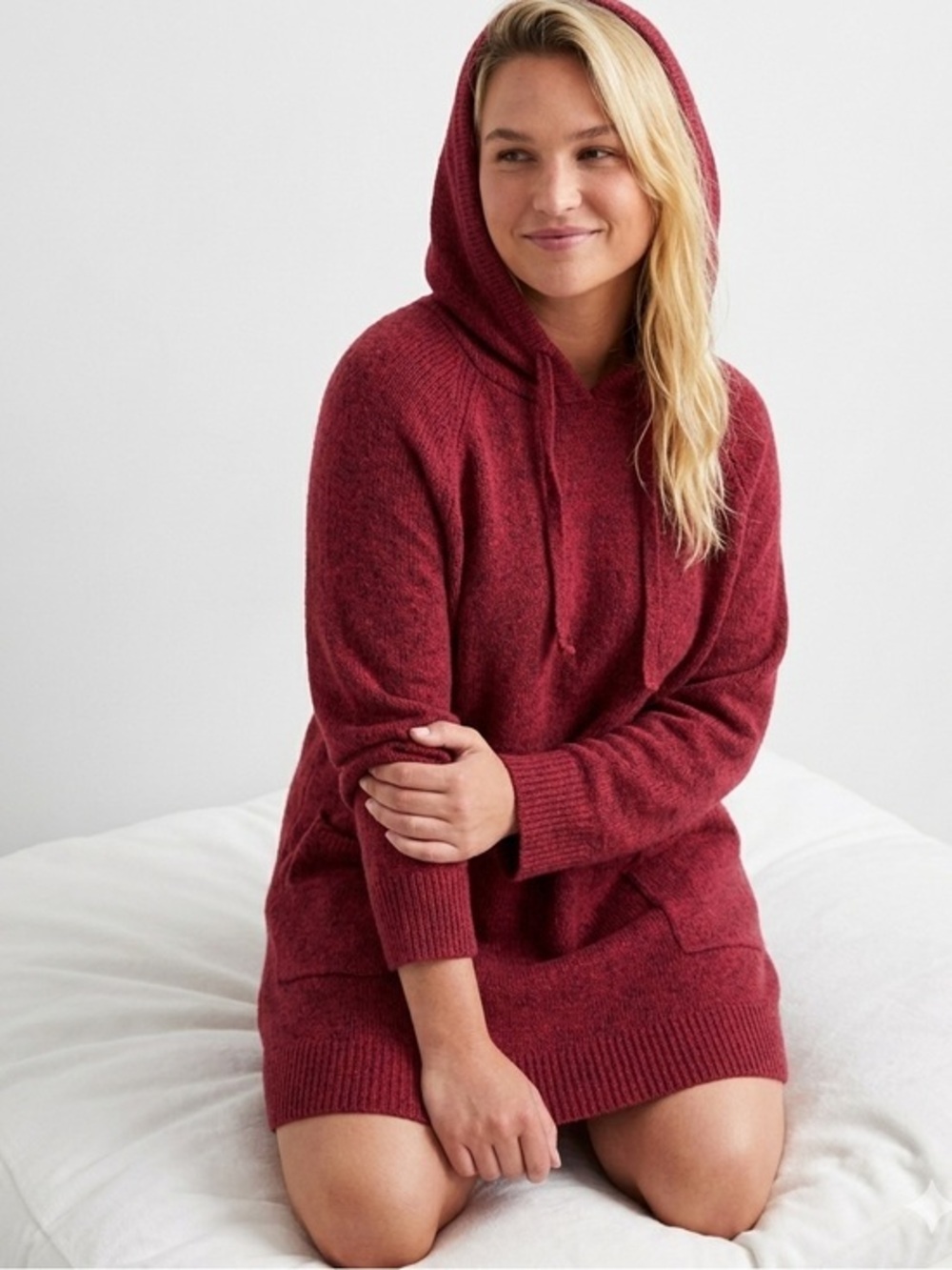 Hooded Knit Sleep Dress in Deep Wine Red L